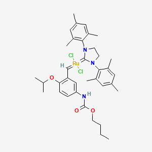 Dichloro[1,3-bis(2,4,6-trimethylphenyl)-2-imidazolidinylidene][(5-isobutoxycarbonylamino)-(2-isopropoxy)benzylidene]ruthenium(II) chemical structure (CAS 1025728-57-7)