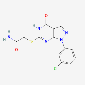 2-((1-(3-Chlorophenyl)-4-oxo-4,5-dihydro-1H-pyrazolo[3,4-d]pyrimidin-6-yl)thio)propanamide chemical structure (CAS 1030203-81-6)
