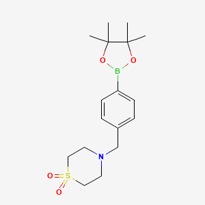 4-(4-(4,4,5,5-Tetramethyl-1,3,2-dioxaborolan-2-yl)benzyl)thiomorpholine 1,1-dioxide chemical structure (CAS 1092563-25-1)