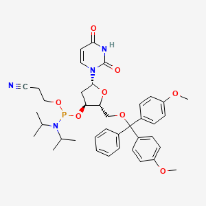 (2R,3S,5R)-2-((Bis(4-methoxyphenyl)(phenyl)methoxy)methyl)-5-(2,4-dioxo-3,4-dihydropyrimidin-1(2H)-yl)tetrahydrofuran-3-yl (2-cyanoethyl) diisopropylphosphoramidite chemical structure (CAS 109389-30-2)