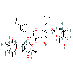 3-(((2S,3R,4R,5R,6S)-4,5-Dihydroxy-6-methyl-3-(((2S,3R,4R,5R,6S)-3,4,5-trihydroxy-6-methyltetrahydro-2H-pyran-2-yl)oxy)tetrahydro-2H-pyran-2-yl)oxy)-5-hydroxy-2-(4-methoxyphenyl)-8-(3-methylbut-2-en-1-yl)-7-(((2S,3R,4S,5S,6R)-3,4,5-trihydroxy-6-(hydroxymethyl)tetrahydro-2H-pyran-2-yl)oxy)-4H-chromen-4-one chemical structure (CAS 110642-44-9)