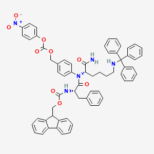 (9H-Fluoren-9-yl)methyl ((S)-1-(((S)-1-((4-((((4-nitrophenoxy)carbonyl)oxy)methyl)phenyl)amino)-1-oxo-6-(tritylamino)hexan-2-yl)amino)-1-oxo-3-phenylpropan-2-yl)carbamate chemical structure (CAS 1116086-09-9)