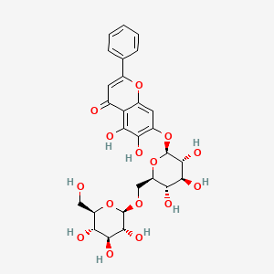 5,6-Dihydroxy-2-phenyl-7-(((2S,3R,4S,5S,6R)-3,4,5-trihydroxy-6-((((2R,3R,4S,5S,6R)-3,4,5-trihydroxy-6-(hydroxymethyl)tetrahydro-2H-pyran-2-yl)oxy)methyl)tetrahydro-2H-pyran-2-yl)oxy)-4H-chromen-4-one chemical structure (CAS 114482-86-9)