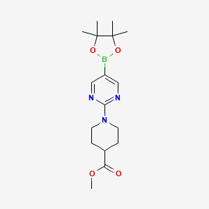 Methyl 1-(5-(4,4,5,5-tetramethyl-1,3,2-dioxaborolan-2-yl)pyrimidin-2-yl)piperidine-4-carboxylate chemical structure (CAS 1160790-50-0)