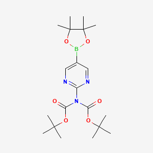 tert-Butyl (tert-butoxycarbonyl)(5-(4,4,5,5-tetramethyl-1,3,2-dioxaborolan-2-yl)pyrimidin-2-yl)carbamate chemical structure (CAS 1190423-36-9)