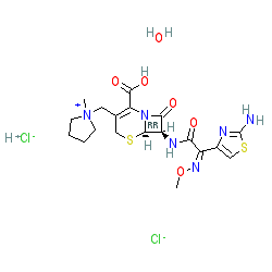 1-(((6R,7R)-7-((Z)-2-(2-Aminothiazol-4-yl)-2-(methoxyimino)acetamido)-2-carboxy-8-oxo-5-thia-1-azabicyclo[4.2.0]oct-2-en-3-yl)methyl)-1-methylpyrrolidin-1-ium chloride hydrochloride hydrate chemical structure (CAS 123171-59-5)