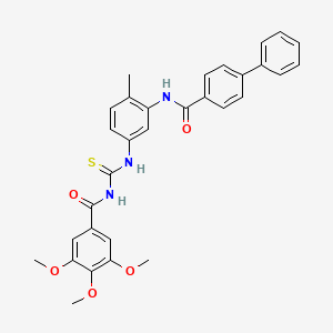 N-(2-Methyl-5-(3-(3,4,5-trimethoxybenzoyl)thioureido)phenyl)-[1,1'-biphenyl]-4-carboxamide chemical structure (CAS 1263132-08-6)