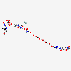 4-((S)-2-(4-Aminobutyl)-35-(4-((4-((2,5-dioxo-2,5-dihydro-1H-pyrrol-1-yl)methyl)cyclohexanecarboxamido)methyl)-1H-1,2,3-triazol-1-yl)-4,8-dioxo-6,12,15,18,21,24,27,30,33-nonaoxa-3,9-diazapentatriacontanamido)benzyl ((S)-4,11-diethyl-9-hydroxy-3,14-dioxo-3,4,12,14-tetrahydro-1H-pyrano[3',4':6,7]indolizino[1,2-b]quinolin-4-yl) carbonate chemical structure (CAS 1279680-68-0)