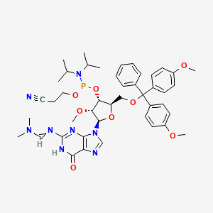(2R,3R,4R,5R)-2-((Bis(4-methoxyphenyl)(phenyl)methoxy)methyl)-5-(2-(((dimethylamino)methylene)amino)-6-oxo-1,6-dihydro-9H-purin-9-yl)-4-methoxytetrahydrofuran-3-yl (2-cyanoethyl) diisopropylphosphoramidite chemical structure (CAS 128219-77-2)