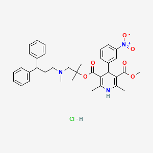 3-(1-((3,3-Diphenylpropyl)(methyl)amino)-2-methylpropan-2-yl) 5-methyl 2,6-dimethyl-4-(3-nitrophenyl)-1,4-dihydropyridine-3,5-dicarboxylate hydrochloride chemical structure (CAS 132866-11-6)