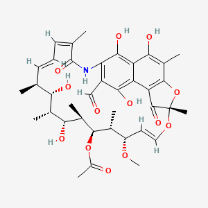 2,7-(Epoxypentadeca[1,11,13]trienimino)naphtho[2,1-b]furan-8-carboxaldehyde, 1,2-dihydro-5,6,9,17,19,21-hexahydroxy-23-methoxy-2,4,12,16,18,20,22-heptamethyl-1,11-dioxo-, 21-acetate chemical structure (CAS 13292-22-3)