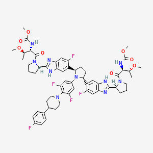 Dimethyl ((2S,2'S,3R,3'R)-((2S,2'S)-(((2R,5R)-1-(3,5-difluoro-4-(4-(4-fluorophenyl)piperidin-1-yl)phenyl)pyrrolidine-2,5-diyl)bis(5-fluoro-1H-benzo[d]imidazole-6,2-diyl))bis(pyrrolidine-2,1-diyl))bis(3-methoxy-1-oxobutane-1,2-diyl))dicarbamate chemical structure (CAS 1353900-92-1)