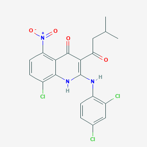 8-Chloro-2-((2,4-dichlorophenyl)amino)-3-(3-methylbutanoyl)-5-nitroquinolin-4(1H)-one chemical structure (CAS 1361227-90-8)