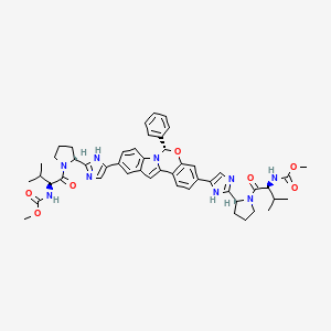 Dimethyl ((2S,2'S)-((2S,2'S)-2,2'-(5,5'-((S)-6-phenyl-6H-benzo[5,6][1,3]oxazino[3,4-a]indole-3,10-diyl)bis(1H-imidazole-5,2-diyl))bis(pyrrolidine-2,1-diyl))bis(3-methyl-1-oxobutane-2,1-diyl))dicarbamate chemical structure (CAS 1370468-36-2)