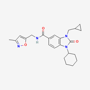 1-Cyclohexyl-3-(cyclopropylmethyl)-N-((3-methylisoxazol-5-yl)methyl)-2-oxo-2,3-dihydro-1H-benzo[d]imidazole-5-carboxamide chemical structure (CAS 1394592-04-1)