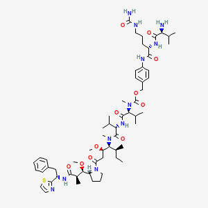 4-((S)-2-((S)-2-Amino-3-methylbutanamido)-5-ureidopentanamido)benzyl ((S)-1-(((S)-1-(((3R,4S,5S)-3-methoxy-1-((R)-2-((1R,2R)-1-methoxy-2-methyl-3-oxo-3-(((S)-2-phenyl-1-(thiazol-2-yl)ethyl)amino)propyl)pyrrolidin-1-yl)-5-methyl-1-oxoheptan-4-yl)(methyl)amino)-3-methyl-1-oxobutan-2-yl)amino)-3-methyl-1-oxobutan-2-yl)(methyl)carbamate chemical structure (CAS 1415329-13-3)