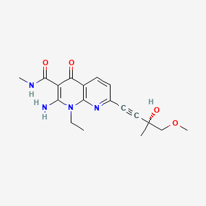 (R)-2-Amino-1-ethyl-7-(3-hydroxy-4-methoxy-3-methylbut-1-yn-1-yl)-N-methyl-4-oxo-1,4-dihydro-1,8-naphthyridine-3-carboxamide chemical structure (CAS 1433953-83-3)