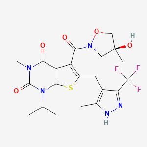 (S)-5-(4-Hydroxy-4-methylisoxazolidine-2-carbonyl)-1-isopropyl-3-methyl-6-((5-methyl-3-(trifluoromethyl)-1H-pyrazol-4-yl)methyl)thieno[2,3-d]pyrimidine-2,4(1H,3H)-dione chemical structure (CAS 1448671-31-5)