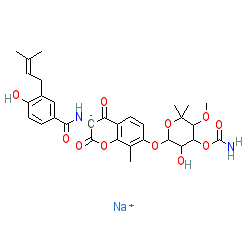 Sodium 4-((7-(((2R,3R,4S,5R)-4-(carbamoyloxy)-3-hydroxy-5-methoxy-6,6-dimethyltetrahydro-2H-pyran-2-yl)oxy)-4-hydroxy-8-methyl-2-oxo-2H-chromen-3-yl)carbamoyl)-2-(3-methylbut-2-en-1-yl)phenolate chemical structure (CAS 1476-53-5)