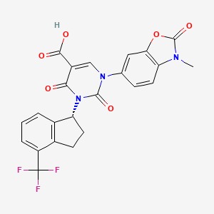(R)-1-(3-Methyl-2-oxo-2,3-dihydrobenzo[d]oxazol-6-yl)-2,4-dioxo-3-(4-(trifluoromethyl)-2,3-dihydro-1H-inden-1-yl)-1,2,3,4-tetrahydropyrimidine-5-carboxylic acid chemical structure (CAS 1488354-15-9)