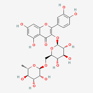 2-(3,4-Dihydroxyphenyl)-5,7-dihydroxy-3-(((2S,3R,4S,5S,6R)-3,4,5-trihydroxy-6-((((2R,3R,4R,5R,6S)-3,4,5-trihydroxy-6-methyltetrahydro-2H-pyran-2-yl)oxy)methyl)tetrahydro-2H-pyran-2-yl)oxy)-4H-chromen-4-one chemical structure (CAS 153-18-4)