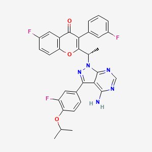 (S)-2-(1-(4-Amino-3-(3-fluoro-4-isopropoxyphenyl)-1H-pyrazolo[3,4-d]pyrimidin-1-yl)ethyl)-6-fluoro-3-(3-fluorophenyl)-4H-chromen-4-one chemical structure (CAS 1532533-67-7)