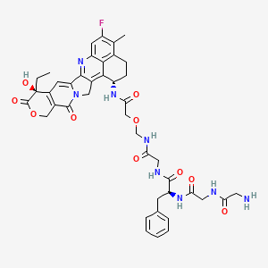 (S)-2-(2-(2-Aminoacetamido)acetamido)-N-(2-(((2-(((1S,9S)-9-ethyl-5-fluoro-9-hydroxy-4-methyl-10,13-dioxo-2,3,9,10,13,15-hexahydro-1H,12H-benzo[de]pyrano[3',4':6,7]indolizino[1,2-b]quinolin-1-yl)amino)-2-oxoethoxy)methyl)amino)-2-oxoethyl)-3-phenylpropanamide chemical structure (CAS 1599440-12-6)