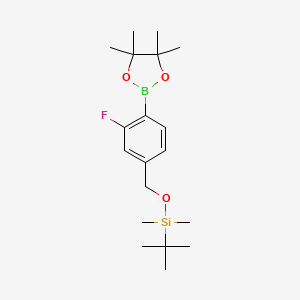 tert-Butyl((3-fluoro-4-(4,4,5,5-tetramethyl-1,3,2-dioxaborolan-2-yl)benzyl)oxy)dimethylsilane chemical structure (CAS 1609540-97-7)
