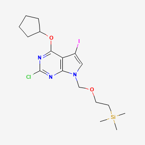 2-Chloro-4-(cyclopentyloxy)-5-iodo-7-((2-(trimethylsilyl)ethoxy)methyl)-7H-pyrrolo[2,3-d]pyrimidine chemical structure (CAS 1618663-33-4)
