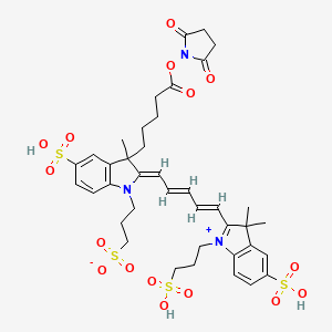 3-(2-(5-(3,3-Dimethyl-5-sulfo-1-(3-sulfopropyl)indolin-2-ylidene)penta-1,3-dien-1-yl)-3-(5-((2,5-dioxopyrrolidin-1-yl)oxy)-5-oxopentyl)-3-methyl-5-sulfo-3H-indol-1-ium-1-yl)propane-1-sulfonate chemical structure (CAS 1620475-28-6)