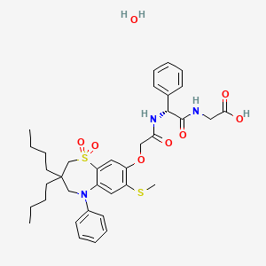 (R)-2-(2-(2-((3,3-Dibutyl-7-(methylthio)-1,1-dioxido-5-phenyl-2,3,4,5-tetrahydrobenzo[b][1,4]thiazepin-8-yl)oxy)acetamido)-2-phenylacetamido)acetic acid hydrate chemical structure (CAS 1633824-78-8)