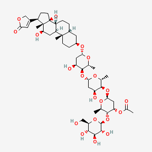 (2R,3R,4S,6S)-6-(((2R,3S,4S,6S)-6-(((2R,3S,4S,6R)-6-(((3S,5R,8R,9S,10S,12R,13S,14S,17R)-12,14-Dihydroxy-10,13-dimethyl-17-(5-oxo-2,5-dihydrofuran-3-yl)hexadecahydro-1H-cyclopenta[a]phenanthren-3-yl)oxy)-4-hydroxy-2-methyltetrahydro-2H-pyran-3-yl)oxy)-4-hydroxy-2-methyltetrahydro-2H-pyran-3-yl)oxy)-2-methyl-3-(((2S,3R,4S,5S,6R)-3,4,5-trihydroxy-6-(hydroxymethyl)tetrahydro-2H-pyran-2-yl)oxy)tetrahydro-2H-pyran-4-yl acetate chemical structure (CAS 17575-22-3)