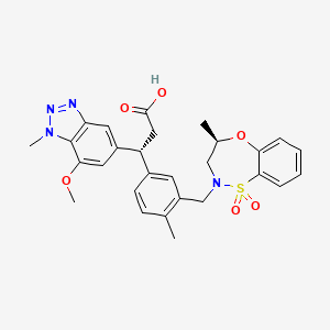 (R)-3-(7-Methoxy-1-methyl-1H-benzo[d][1,2,3]triazol-5-yl)-3-(4-methyl-3-(((R)-4-methyl-1,1-dioxido-3,4-dihydro-2H-benzo[b][1,4,5]oxathiazepin-2-yl)methyl)phenyl)propanoic acid chemical structure (CAS 1799974-69-8)