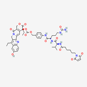 (S)-4,11-Diethyl-9-hydroxy-3,14-dioxo-3,4,12,14-tetrahydro-1H-pyrano[3',4':6,7]indolizino[1,2-b]quinolin-4-yl (4-((S)-2-((S)-2-(6-(2,5-dioxo-2,5-dihydro-1H-pyrrol-1-yl)hexanamido)-3-methylbutanamido)-5-ureidopentanamido)benzyl) carbonate chemical structure (CAS 1801838-28-7)