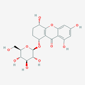 (1R,4S)-4,6,8-Trihydroxy-1-(((2R,3R,4S,5S,6R)-3,4,5-trihydroxy-6-(hydroxymethyl)tetrahydro-2H-pyran-2-yl)oxy)-1,2,3,4-tetrahydro-9H-xanthen-9-one chemical structure (CAS 1831153-21-9)