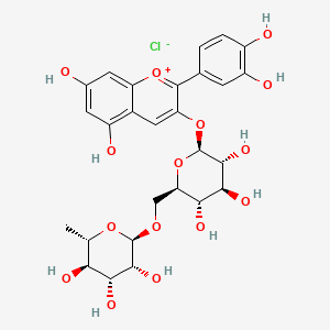 2-(3,4-Dihydroxyphenyl)-5,7-dihydroxy-3-(((2S,3R,4S,5S,6R)-3,4,5-trihydroxy-6-((((2R,3R,4R,5R,6S)-3,4,5-trihydroxy-6-methyltetrahydro-2H-pyran-2-yl)oxy)methyl)tetrahydro-2H-pyran-2-yl)oxy)chromenylium chloride chemical structure (CAS 18719-76-1)