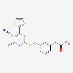 2-(3-(((5-Cyano-6-oxo-4-(thiophen-2-yl)-1,6-dihydropyrimidin-2-yl)thio)methyl)phenyl)acetic acid chemical structure (CAS 1883602-21-8)