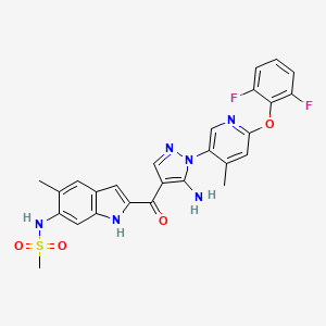 N-(2-(5-Amino-1-(6-(2,6-difluorophenoxy)-4-methylpyridin-3-yl)-1H-pyrazole-4-carbonyl)-5-methyl-1H-indol-6-yl)methanesulfonamide chemical structure (CAS 2055918-71-1)
