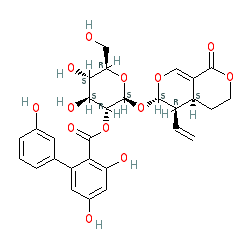 (2S,3R,4S,5S,6R)-4,5-Dihydroxy-6-(hydroxymethyl)-2-(((3S,4R,4aS)-8-oxo-4-vinyl-3,4,4a,5,6,8-hexahydropyrano[3,4-c]pyran-3-yl)oxy)tetrahydro-2H-pyran-3-yl 3,3',5-trihydroxy-[1,1'-biphenyl]-2-carboxylate chemical structure (CAS 21018-84-8)