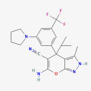 6-Amino-4-isopropyl-3-methyl-4-(3-(pyrrolidin-1-yl)-5-(trifluoromethyl)phenyl)-2,4-dihydropyrano[2,3-c]pyrazole-5-carbonitrile chemical structure (CAS 2102681-49-0)
