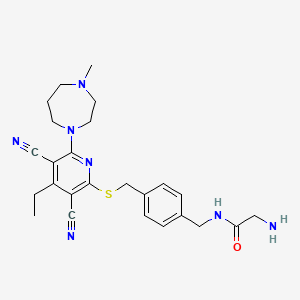2-Amino-N-(4-(((3,5-dicyano-4-ethyl-6-(4-methyl-1,4-diazepan-1-yl)pyridin-2-yl)thio)methyl)benzyl)acetamide chemical structure (CAS 2170136-86-2)