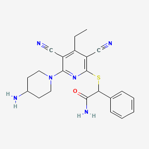2-((6-(4-Aminopiperidin-1-yl)-3,5-dicyano-4-ethylpyridin-2-yl)thio)-2-phenylacetamide chemical structure (CAS 2170137-61-6)
