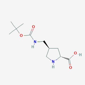 rel-(2R,4S)-4-(((tert-Butoxycarbonyl)amino)methyl)pyrrolidine-2-carboxylic acid chemical structure (CAS 2177258-79-4)