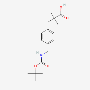 3-(4-(((tert-Butoxycarbonyl)amino)methyl)phenyl)-2,2-dimethylpropanoic acid chemical structure (CAS 2241131-18-8)