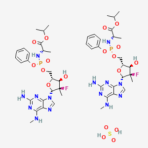 (2S)-Isopropyl 2-(((((2R,3R,4R,5R)-5-(2-amino-6-(methylamino)-9H-purin-9-yl)-4-fluoro-3-hydroxy-4-methyltetrahydrofuran-2-yl)methoxy)(phenoxy)phosphoryl)amino)propanoate hemisulfate chemical structure (CAS 2241337-84-6)