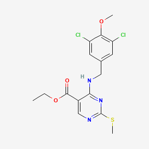 Ethyl 4-((3,5-dichloro-4-methoxybenzyl)amino)-2-(methylthio)pyrimidine-5-carboxylate chemical structure (CAS 2250242-48-7)
