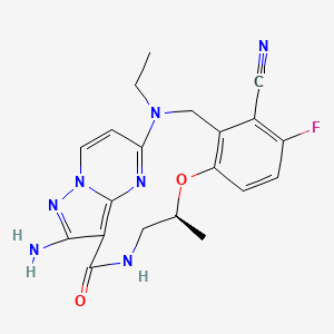 (S)-12-Amino-2-ethyl-45-fluoro-6-methyl-9-oxo-5-oxa-2,8-diaza-1(5,3)-pyrazolo[1,5-a]pyrimidina-4(1,2)-benzenacyclononaphane-46-carbonitrile chemical structure (CAS 2271119-26-5)