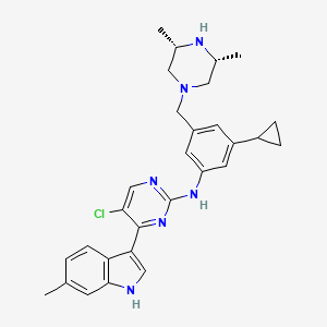 rel-5-Chloro-N-(3-cyclopropyl-5-(((3R,5S)-3,5-dimethylpiperazin-1-yl)methyl)phenyl)-4-(6-methyl-1H-indol-3-yl)pyrimidin-2-amine chemical structure (CAS 2294874-49-8)