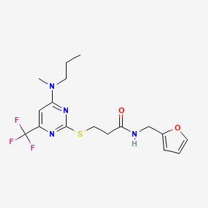 N-(Furan-2-ylmethyl)-3-((4-(methyl(propyl)amino)-6-(trifluoromethyl)pyrimidin-2-yl)thio)propanamide chemical structure (CAS 2313525-20-9)