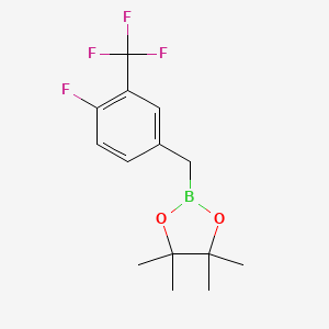 2-(4-Fluoro-3-(trifluoromethyl)benzyl)-4,4,5,5-tetramethyl-1,3,2-dioxaborolane chemical structure (CAS 2377607-36-6)